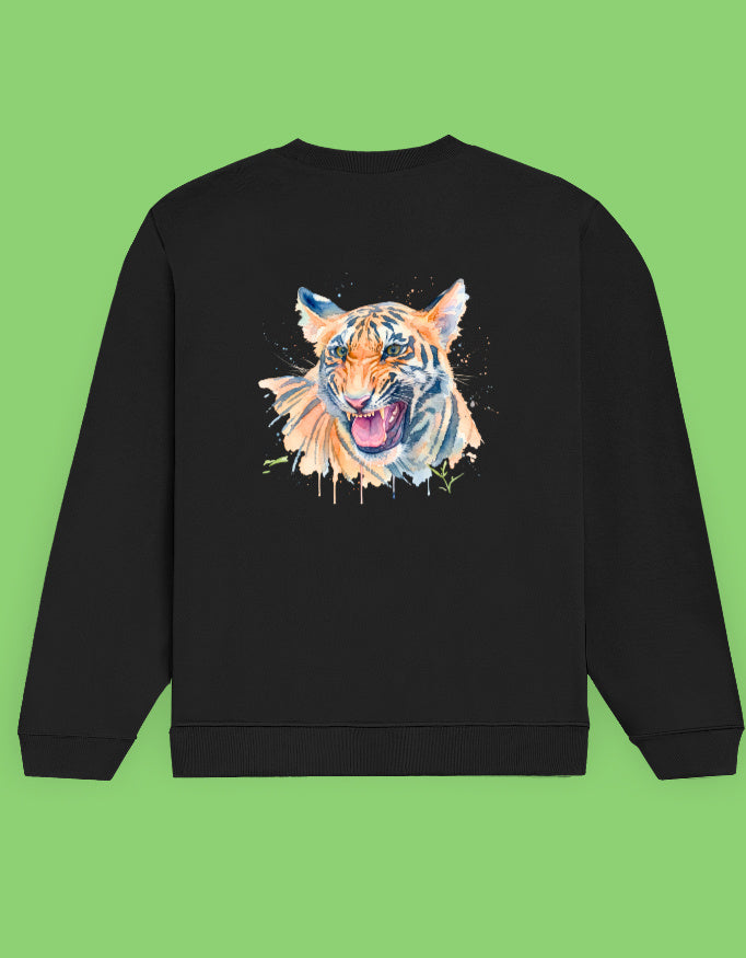 A black crewneck sweatshirt featuring a colorful watercolor-style tiger graphic on the back.
