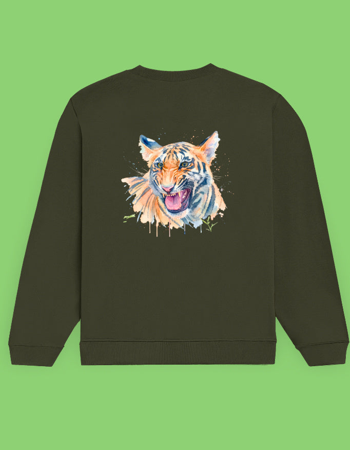 A olive green crewneck sweatshirt featuring a colorful watercolor-style tiger graphic on the back.