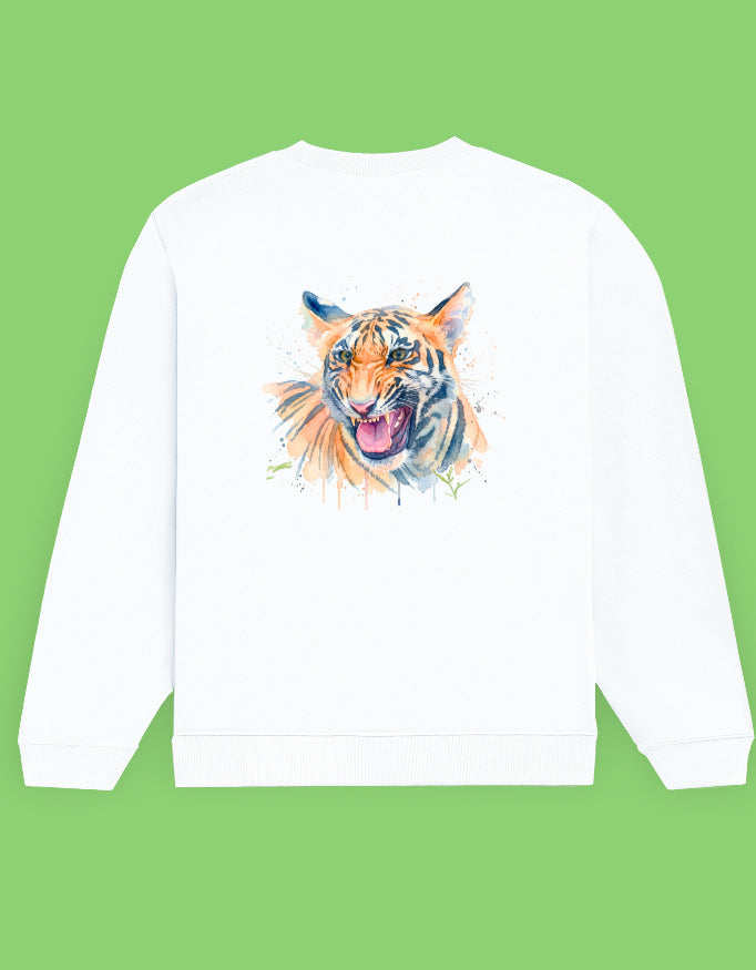 A white crewneck sweatshirt featuring a colorful watercolor-style graphic of a roaring tiger on the chest, displayed against a solid light green background.