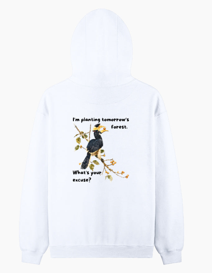 Back view of Malabar Pied Hornbill "Planting tomo's forest" - Unisex Pullover Hoodie (Light)