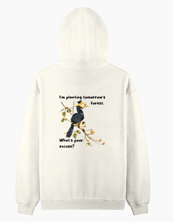 Back view of Malabar Pied Hornbill "Planting tomo's forest" - Unisex Pullover Hoodie (Light)