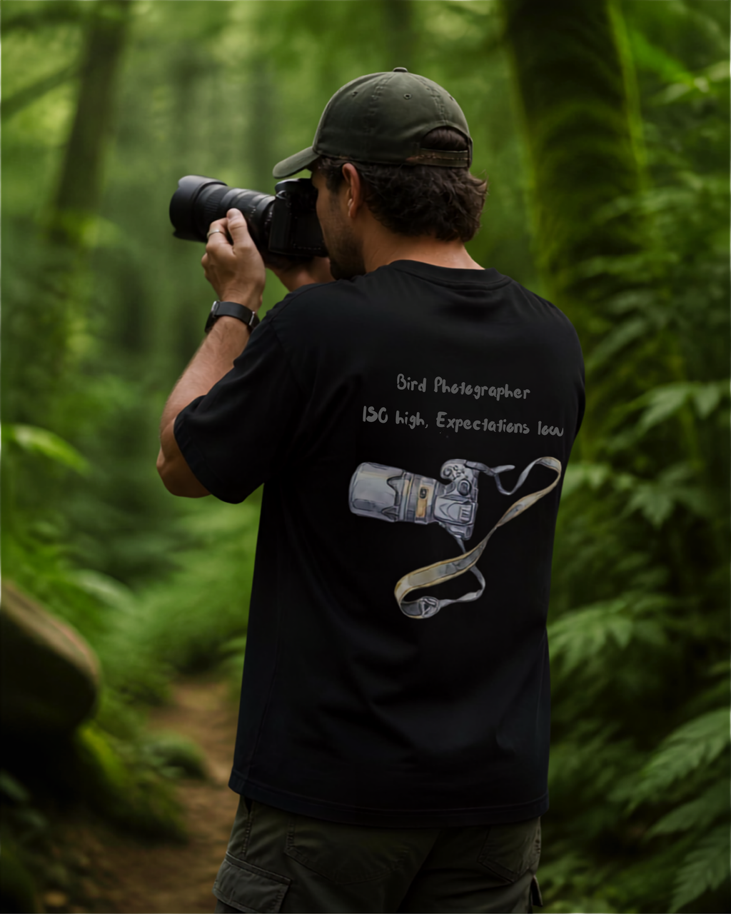 Playful unisex oversized bird photographer t-shirt inspired by birding trips in the Western Ghats. Perfect for birders, wildlife photographers, and nature lovers.
