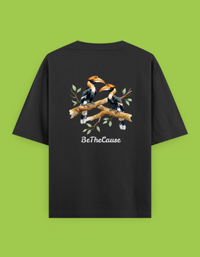 Back view of Malabar Pied Hornbills (Pair) - Unisex Oversized Classic T-Shirt