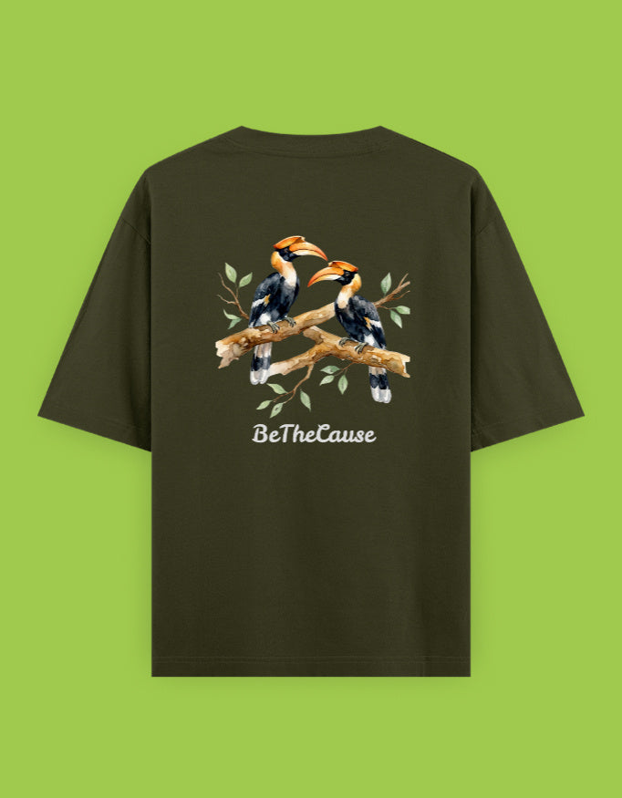 Back view of Malabar Pied Hornbills (Pair) - Unisex Oversized Classic T-Shirt