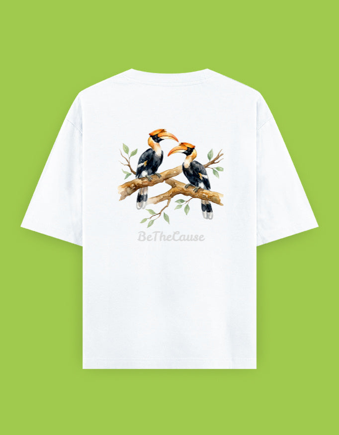 Back view of Malabar Pied Hornbills (Pair) - Unisex Oversized Classic T-Shirt