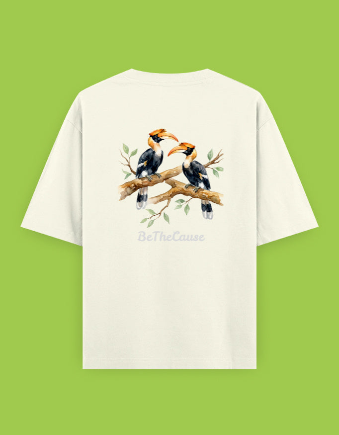 Back view of Malabar Pied Hornbills (Pair) - Unisex Oversized Classic T-Shirt