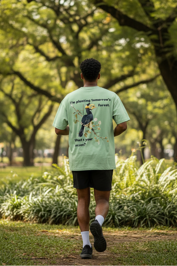 A sage green short-sleeve t-shirt shown from the back, featuring a graphic of a hornbill bird on a branch with the text 'I'm planting tomorrow's forest. What's your excuse?'.