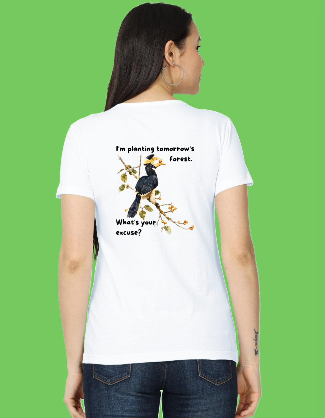 Malabar Pied Hornbill "Planting tomo's forest" - Women's Classic T-Shirt apparel product mockup