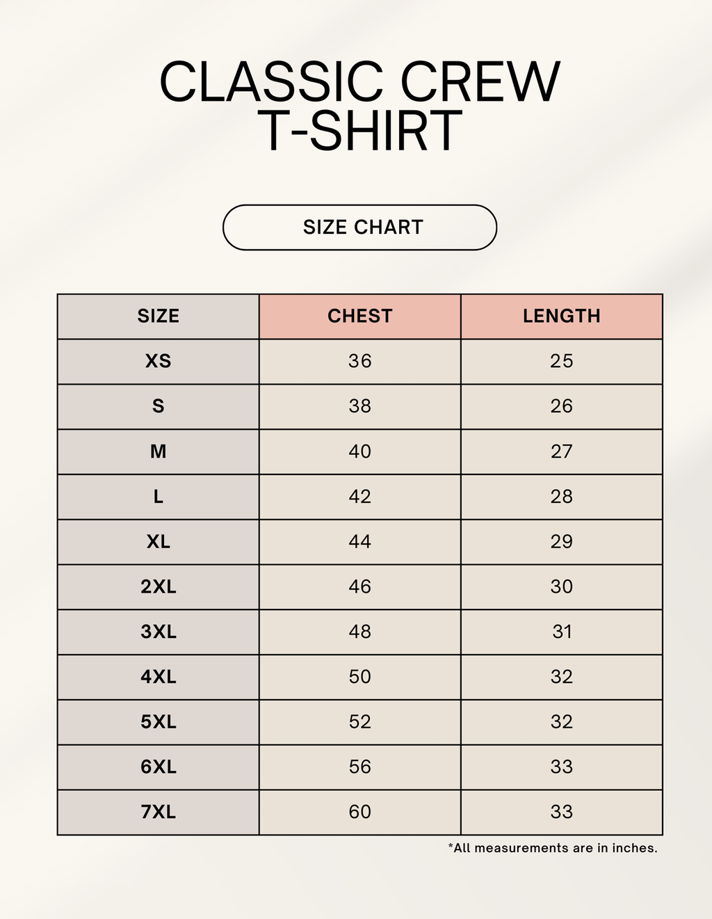 Size chart for classic crew t-shirts with chest and length measurements.