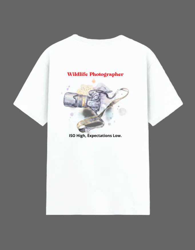 Wildlife photographer camera illustration with “ISO High, Expectations Low” quote.