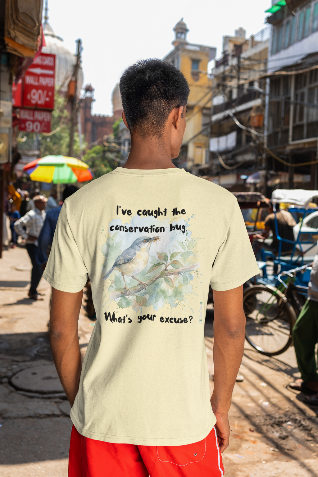 Ashy Prinia "Conservation Bug" - Mens Classic Crew T-Shirt (Light)