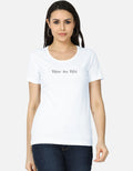 Woman wearing a white t-shirt with a colorful design on a white background